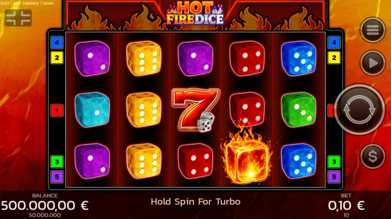 Hot Fire Dice - schermata di gioco con sette in fiamme